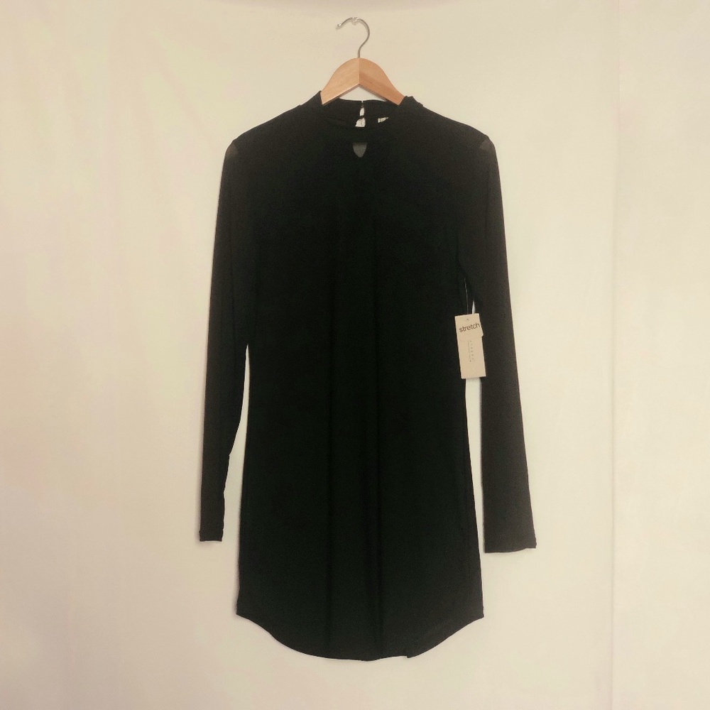 Feathers Stretch Black Long Sleeve Mini Dress